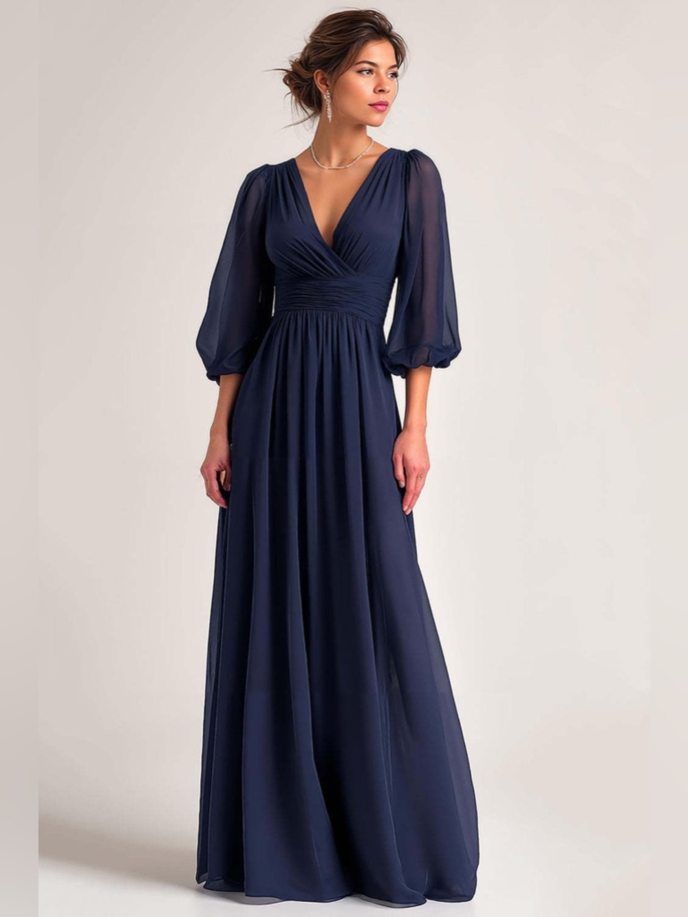 Jenny Packham Bridesmaids Dress Chiffon Shirred V-neck 3/4 Sleeve Formal…